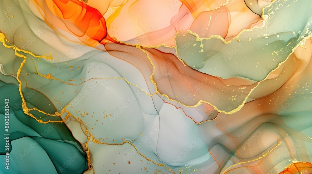 Poster this image features a vibrant mix of colors with gold lines creating an abstract and fluid design th