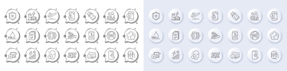 Medical shield, Mobile finance and Ab testing line icons. White pin 3d buttons, chat bubbles icons. Pack of Smile, Loan percent, Charging station icon. Vector