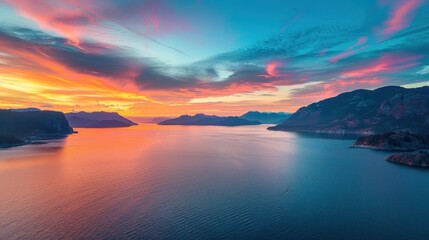 Fototapeta na wymiar Panoramic sunset view tropical sea island with colorful dawn reflection. Generated AI image