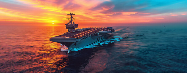 an aircraft carrier with an orange sun in the background and water