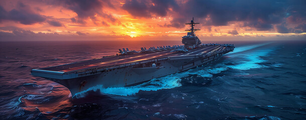 the aircraft carrier is anchored at sunset in the water,