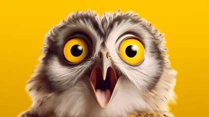 Obraz premium Studio portrait of surprised owl, isolated on yellow background.