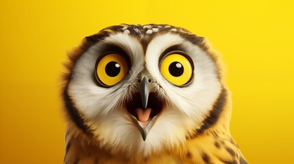 Fototapeta premium Studio portrait of surprised owl, isolated on yellow background.