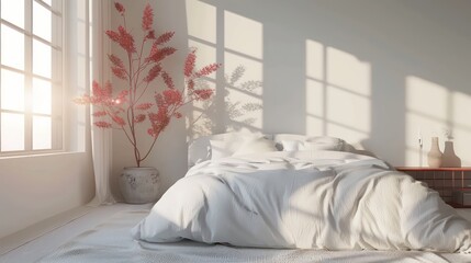 bedroom interior, modern and minimal in white and pastel colors