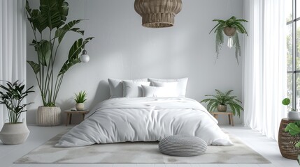 bedroom interior, modern and minimal in white and pastel colors