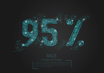 Abstract isolated blue 95 percent sale concept. Polygonal illustration looks like stars in the black night sky in space or flying glass shards. Digital design for website, web, internet.