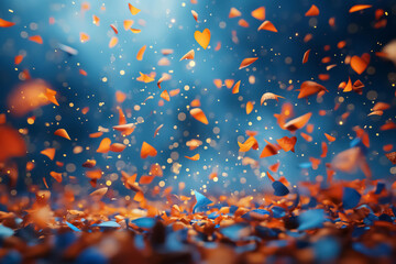 Golden and blue paper confetti falling from the sky during celebration