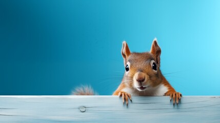 Surprised squirrel, sciurus, cautiously peeks around a corner, against a blue background.