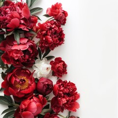 red peony flowers border with free space on a white background
