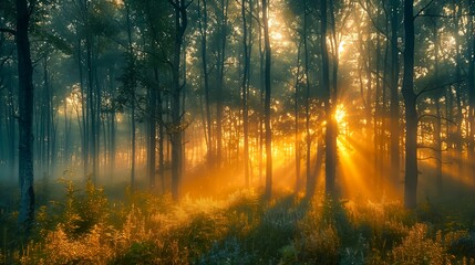 Dawn's Golden Whisper in the Misty Woods