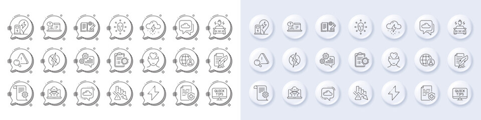Deflation, Feather signature and International recruitment line icons. White pin 3d buttons, chat bubbles icons. Pack of Cogwheel, Weather forecast, Engineering documentation icon. Vector