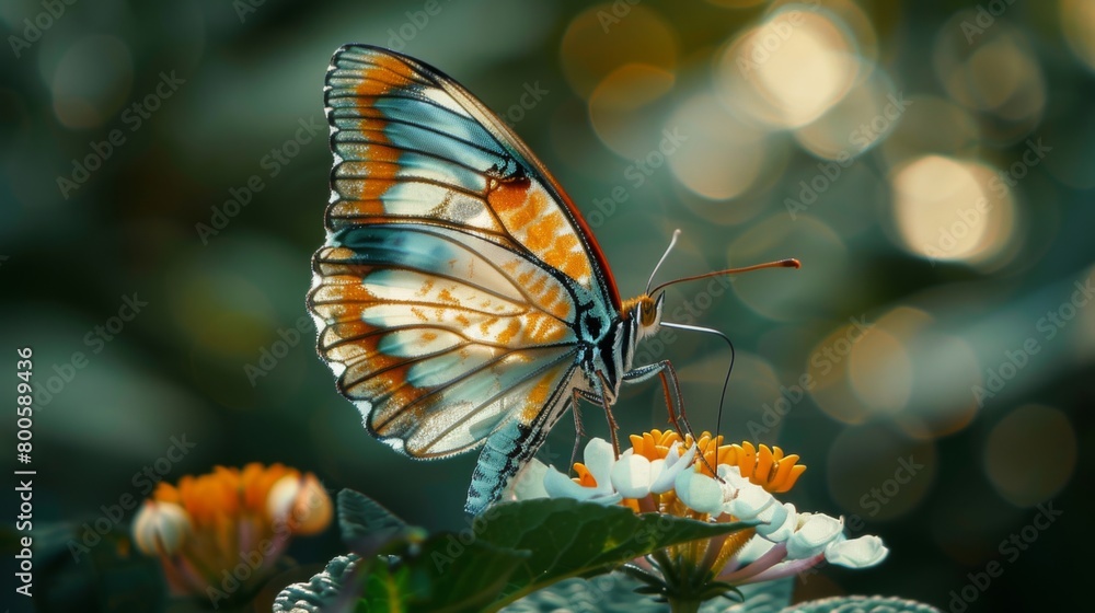 Aufkleber close-up of a delicate butterfly perched on a blooming flower, its intricate patterns illuminated in