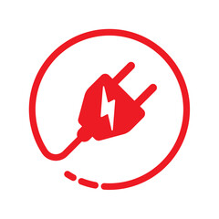 Red electrical plug and lightning sign inside the circle. electrical plug pictogram