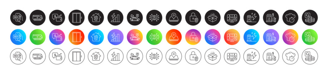 Charging station, Bus tour and Consumption growth line icons. Round icon gradient buttons. Pack of Open box, Wallet, Bitcoin system icon. Filling station, Pin, Cooking timer pictogram. Vector