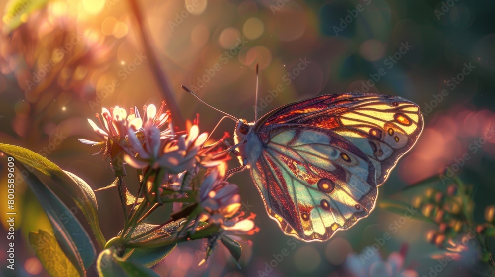 Poster Close-up of a delicate butterfly perched on a blooming flower, its intricate patterns illuminated in vivid detail.