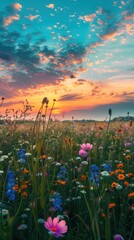 A lush meadow brimming with colorful flowers under the morning sunrise