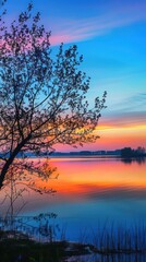 Silent lake waters under a soft pastel twilight sky with delicate tree silhouette