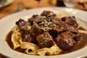 beef cheeks with sauce on a plate of pappardelle pasta in a realistic background
