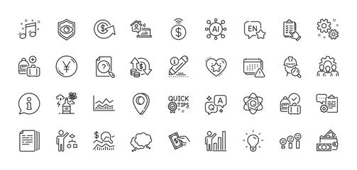 Yen money, Eye detect and Team work line icons pack. AI, Question and Answer, Map pin icons. Alcohol addiction, Algorithm, Trade infochart web icon. English, Quick tips, Work home pictogram. Vector