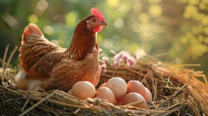 Close-up of a hen sitting on her clutch of eggs, her gentle warmth fostering the miracle of new life.