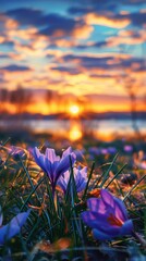 Blooming crocus flowers bask in the warm, golden light of sunrise, offering a scene full of hope and new beginnings