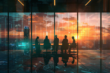 A team meeting at sunrise, silhouetted against a large window overlooking a city awakening, discussing strategies beside a holographic display 