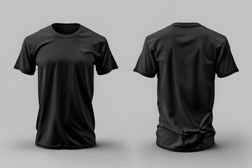 set of two somewhat wrinkled black t-shirts, one in the front and one in the back for PNG mockup