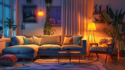 or of living room with cozy sofa and glowing lamps at night scene. Generated AI image