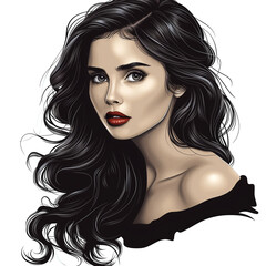 Naklejka premium A pixelated portrait of a woman with black hair, red lips, and a ringlet