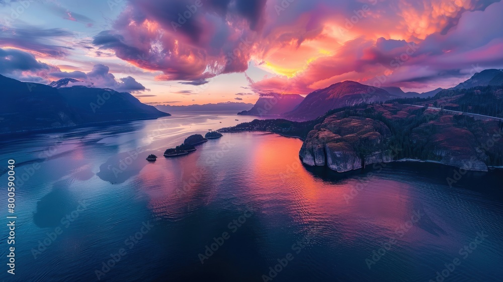 Wall mural Panoramic sunset view tropical sea island with colorful dawn reflection. Generated AI image - Wall murals