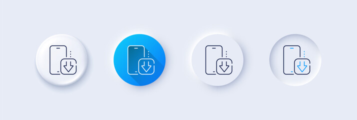 Phone download line icon. Neumorphic, Blue gradient, 3d pin buttons. Smartphone app sign. Cellphone mobile device symbol. Line icons. Neumorphic buttons with outline signs. Vector