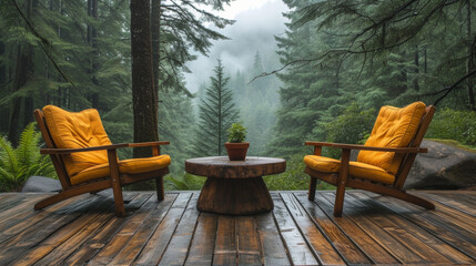 Cozy wooden deck with comfortable yellow chairs overlooking a misty forest