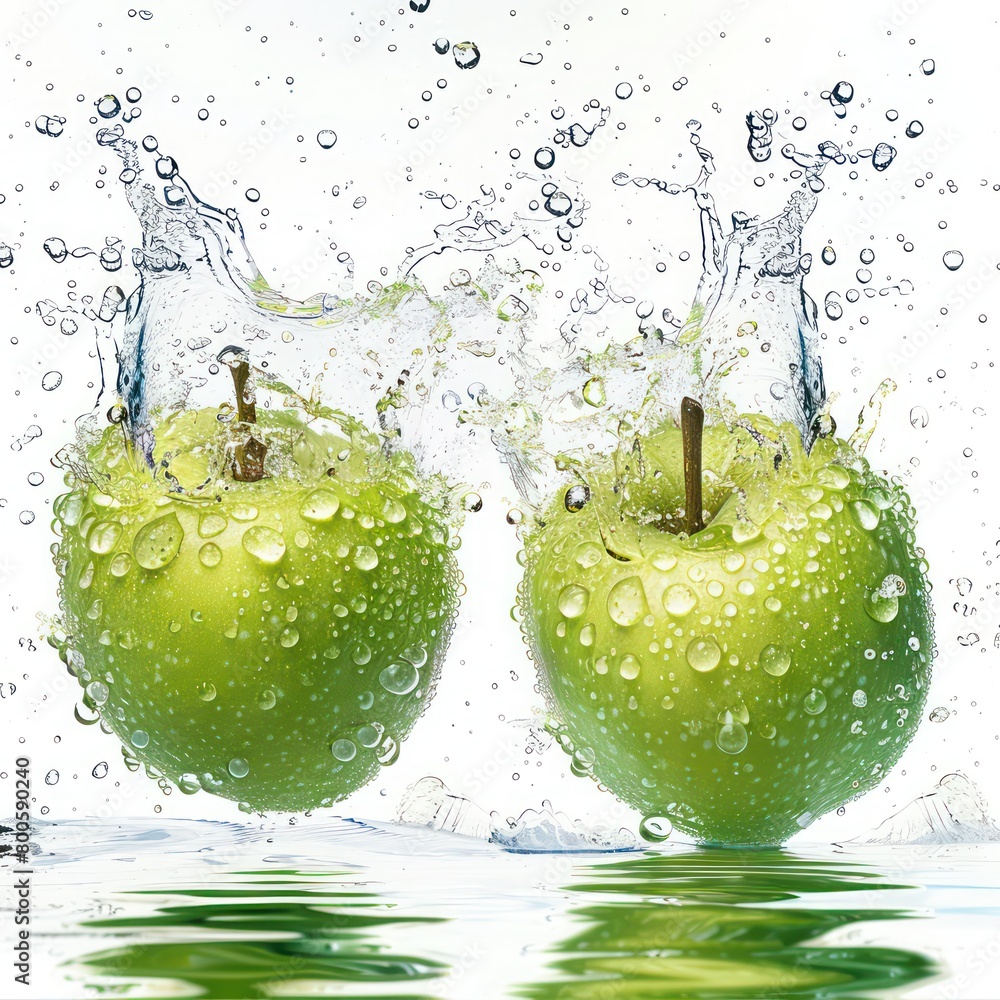 Wall mural green apples splashing in the water with bubbles and drops, realistic and professional
