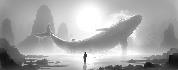 A man is walking on a beach next to a large whale