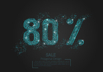Abstract isolated blue 80 percent sale concept. Polygonal illustration looks like stars in the black night sky in space or flying glass shards. Digital design for website, web, internet.