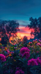 Obraz premium An enchanting twilight scene with a field of vivid flowers taking center stage