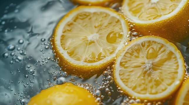 Closeup view ripe yellow lemon fruits with drop water. Generated AI image