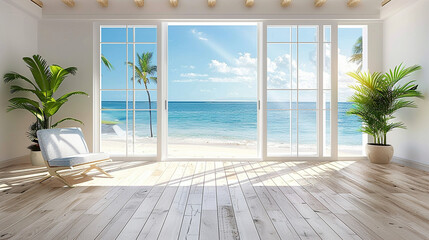 Beautiful Home Interior: White Living Room with Ocean View, Tropical House Design