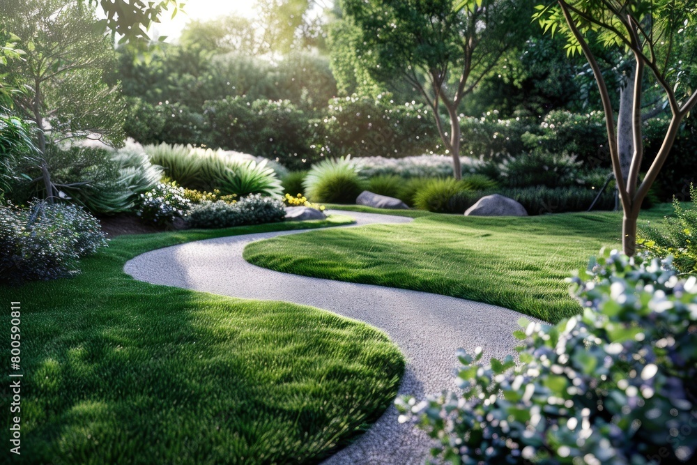 Poster a garden with a winding path and a variety of plants. the path is surrounded by grass and rocks, and