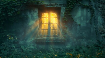 Antique house with a light shining through the window at night. 