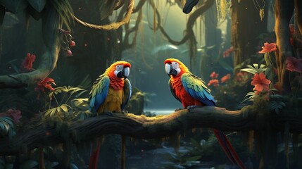 Tropical birds sitting on a tree branch in the rainforest.