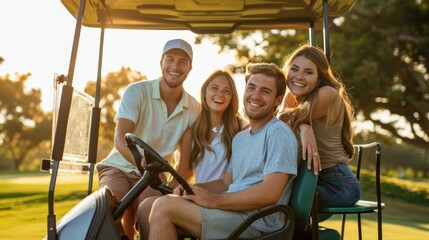 Young couples getting ready to play. A group of smiling friends came to the hole on a golf cart. - Powered by Adobe