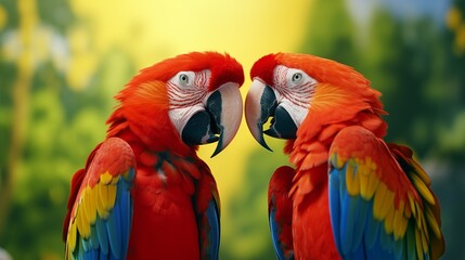 Two cute macaw birds in love.