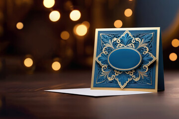 Greeting decorative card for man with bokeh lights on background, minimal design, copy space