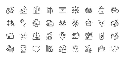 Obraz premium Water cooler, Loyalty points and Get box line icons pack. AI, Question and Answer, Map pin icons. Wallet, Stop shopping, Smile face web icon. Video content, Heart, Mail pictogram. Vector