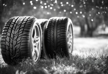 Obraz premium 'white tires tire tyre stack background winter wheel set driving rubber pattern auto traction profile closeup isolated heap new clean guardian tread black vehicle spare equipment'