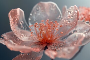 A beautiful close up of a single flower made of glass with water droplets on it.