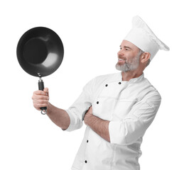 Happy chef in uniform with wok isolated on white