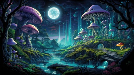 A picture psychedelic journey through a mystical forest, filled with vibrant colors, glowing mushrooms, and ethereal creatures