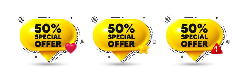 Chat speech bubble 3d icons. 50 percent discount offer tag. Sale price promo sign. Special offer symbol. Discount chat offer. Speech bubble banners. Text box balloon. Vector